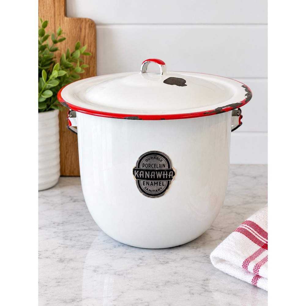 Vintage Kanawha White Porcelain Enamel Sanitary Bucket with Lid Red Trim USA